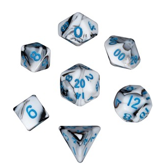 Mini Polyhedral Dice Set: Marble w/ Blue Numbers