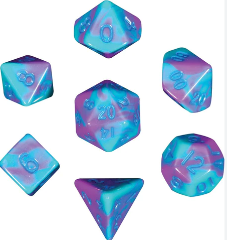 Mini Polyhedral Dice Set: Purple/Teal w/ Blue Numbers